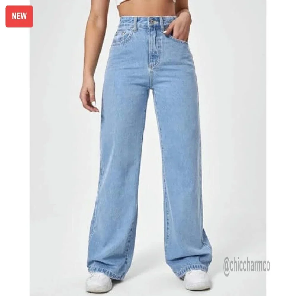 Wide Leg Straight Jeans High Waisted Stretchy Tummy Control Vintage